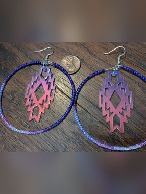 Purple Haze Ombre Beaded Hoop Earrings with Aztec Pendant